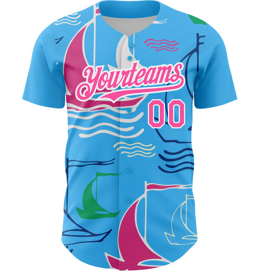 Custom Sky Blue Pink-White 3D Pattern Design Sailing Boats Authentic Baseball Jersey - Sky-Custom