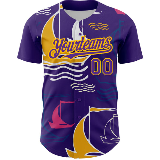 Custom Purple Gold 3D Pattern Design Sailing Boats Authentic Baseball Jersey - Sky-Custom