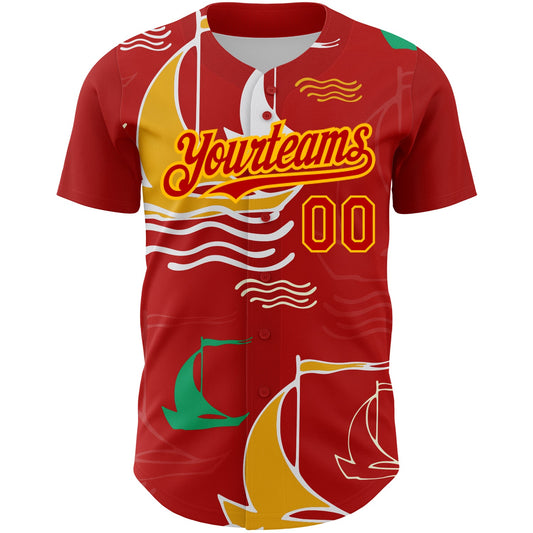 Custom Red Gold 3D Pattern Design Sailing Boats Authentic Baseball Jersey - Sky-Custom