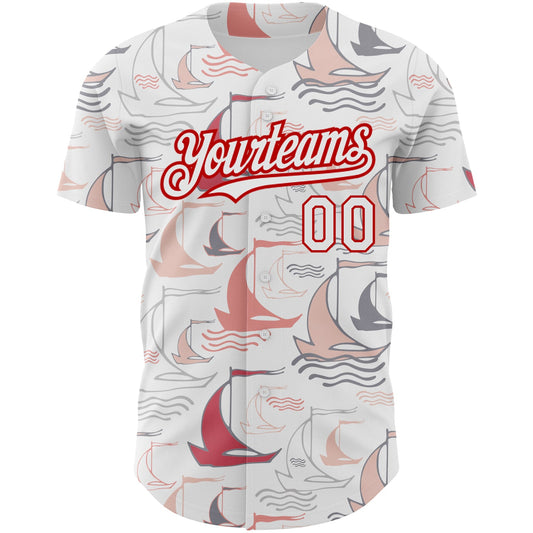 Custom White Red 3D Pattern Design Sailing Boats Authentic Baseball Jersey - Sky-Custom