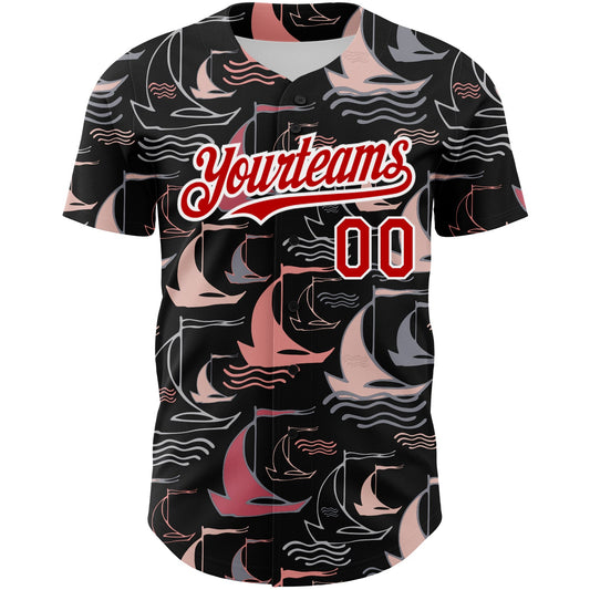 Custom Black Red-White 3D Pattern Design Sailing Boats Authentic Baseball Jersey - Sky-Custom