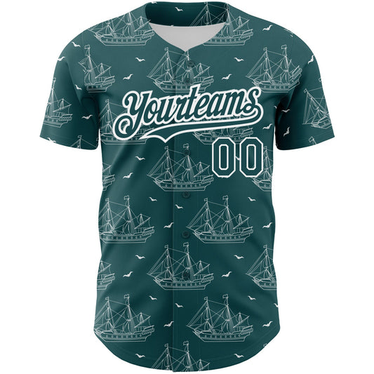 Custom Midnight Green White 3D Pattern Design Ship Frigate With Seagulls Authentic Baseball Jersey - Sky-Custom