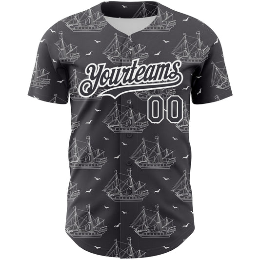 Custom Steel Gray White 3D Pattern Design Ship Frigate With Seagulls Authentic Baseball Jersey - Sky-Custom