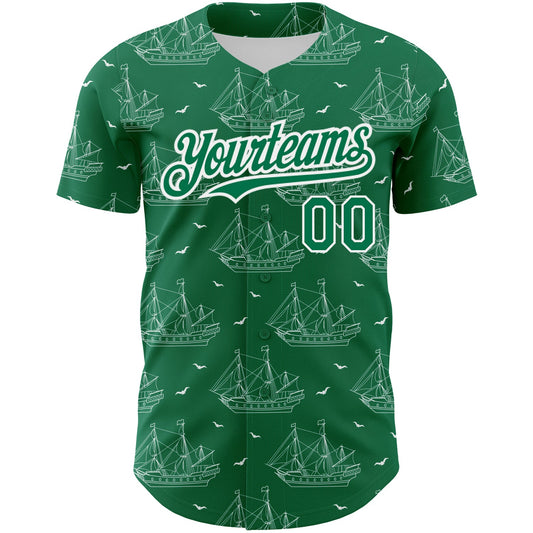 Custom Kelly Green White 3D Pattern Design Ship Frigate With Seagulls Authentic Baseball Jersey - Sky-Custom