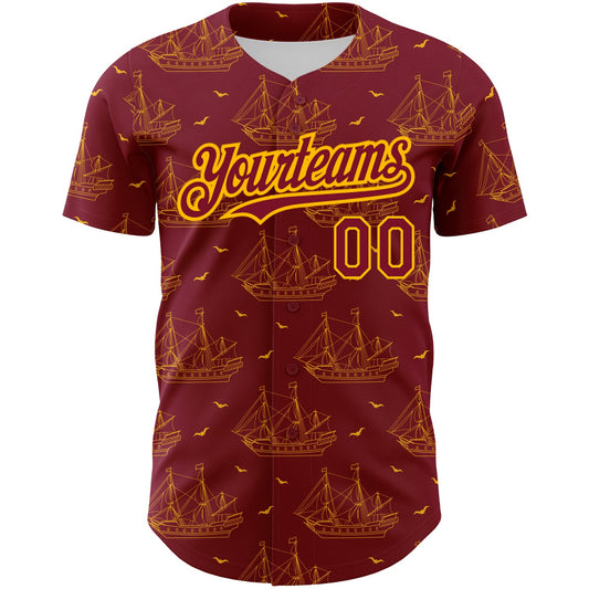 Custom Crimson Gold 3D Pattern Design Ship Frigate With Seagulls Authentic Baseball Jersey - Sky-Custom