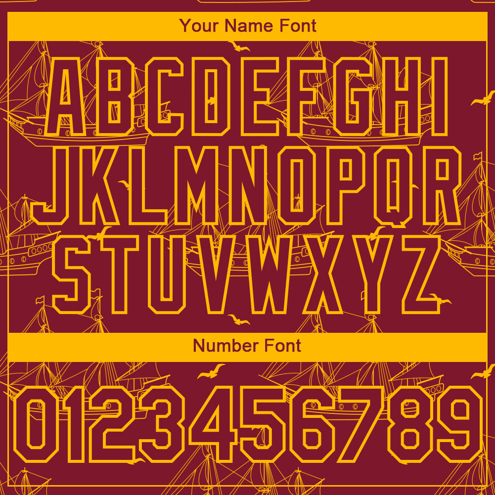 Custom Crimson Gold 3D Pattern Design Ship Frigate With Seagulls Authentic Baseball Jersey - Sky-Custom