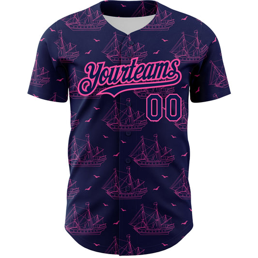 Custom Navy Pink 3D Pattern Design Ship Frigate With Seagulls Authentic Baseball Jersey - Sky-Custom