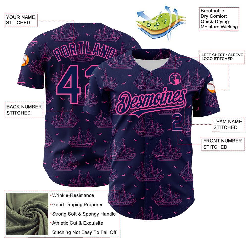 Custom Navy Pink 3D Pattern Design Ship Frigate With Seagulls Authentic Baseball Jersey - Sky-Custom