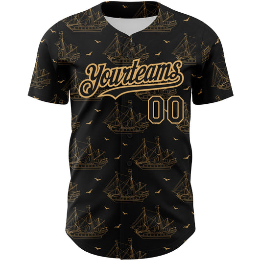 Custom Black Old Gold 3D Pattern Design Ship Frigate With Seagulls Authentic Baseball Jersey - Sky-Custom
