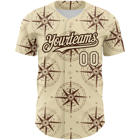 Custom Cream Brown 3D Pattern Design Navigation Compass Authentic Baseball Jersey - Sky-Custom