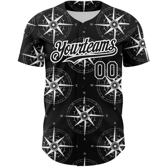 Custom Black White 3D Pattern Design Navigation Compass Authentic Baseball Jersey - Sky-Custom