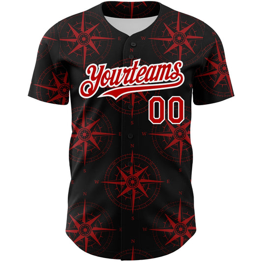 Custom Black Red-White 3D Pattern Design Navigation Compass Authentic Baseball Jersey - Sky-Custom