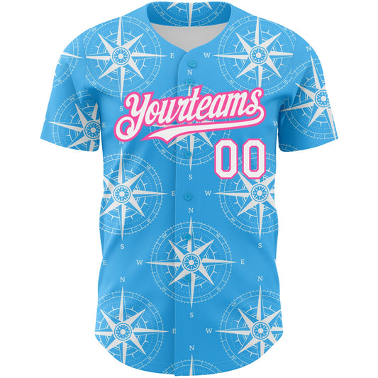 Custom Sky Blue White-Pink 3D Pattern Design Navigation Compass Authentic Baseball Jersey - Sky-Custom