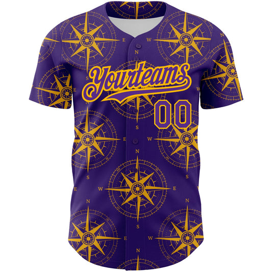 Custom Purple Gold 3D Pattern Design Navigation Compass Authentic Baseball Jersey - Sky-Custom