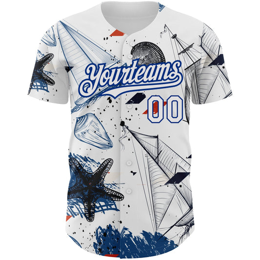 Custom White Royal 3D Pattern Design Sailing Boats Authentic Baseball Jersey - Sky-Custom