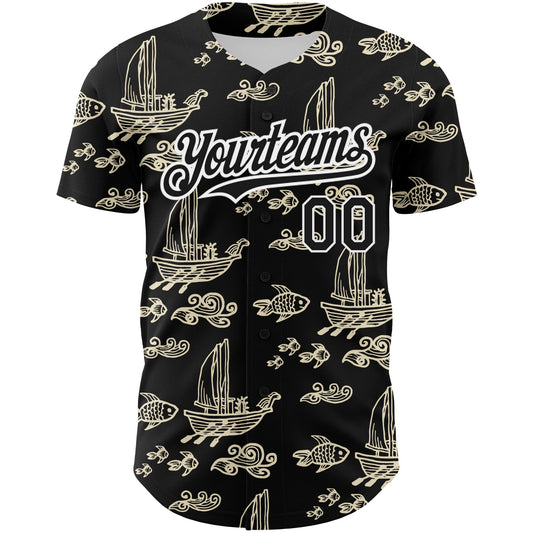 Custom Black White 3D Pattern Design Boats And Fish Authentic Baseball Jersey - Sky-Custom