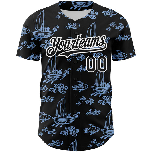 Custom Black White-Light Blue 3D Pattern Design Boats And Fish Authentic Baseball Jersey - Sky-Custom
