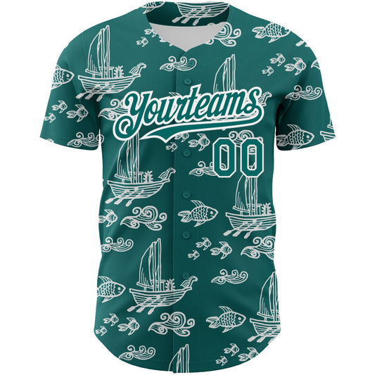 Custom Teal White 3D Pattern Design Boats And Fish Authentic Baseball Jersey - Sky-Custom