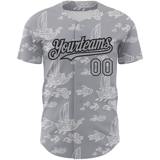 Custom Gray Black 3D Pattern Design Boats And Fish Authentic Baseball Jersey - Sky-Custom