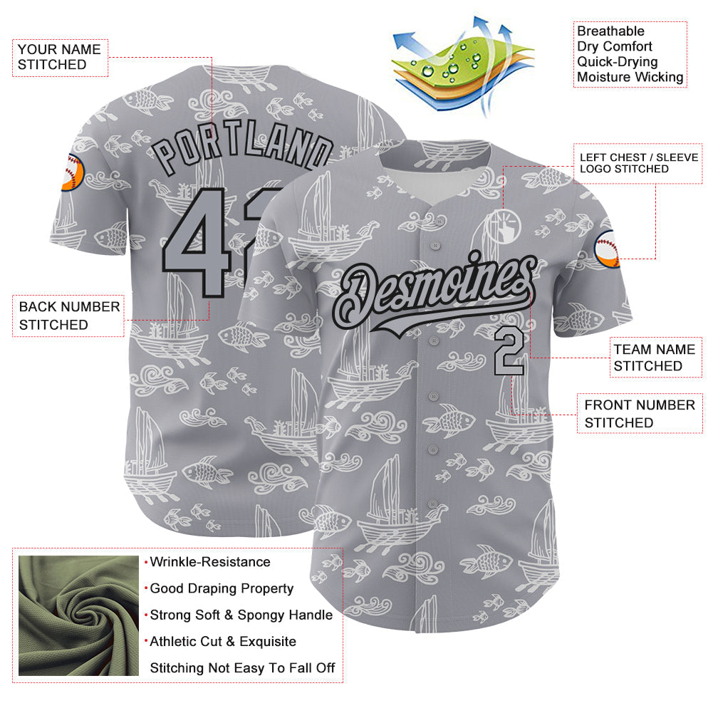 Custom Gray Black 3D Pattern Design Boats And Fish Authentic Baseball Jersey - Sky-Custom