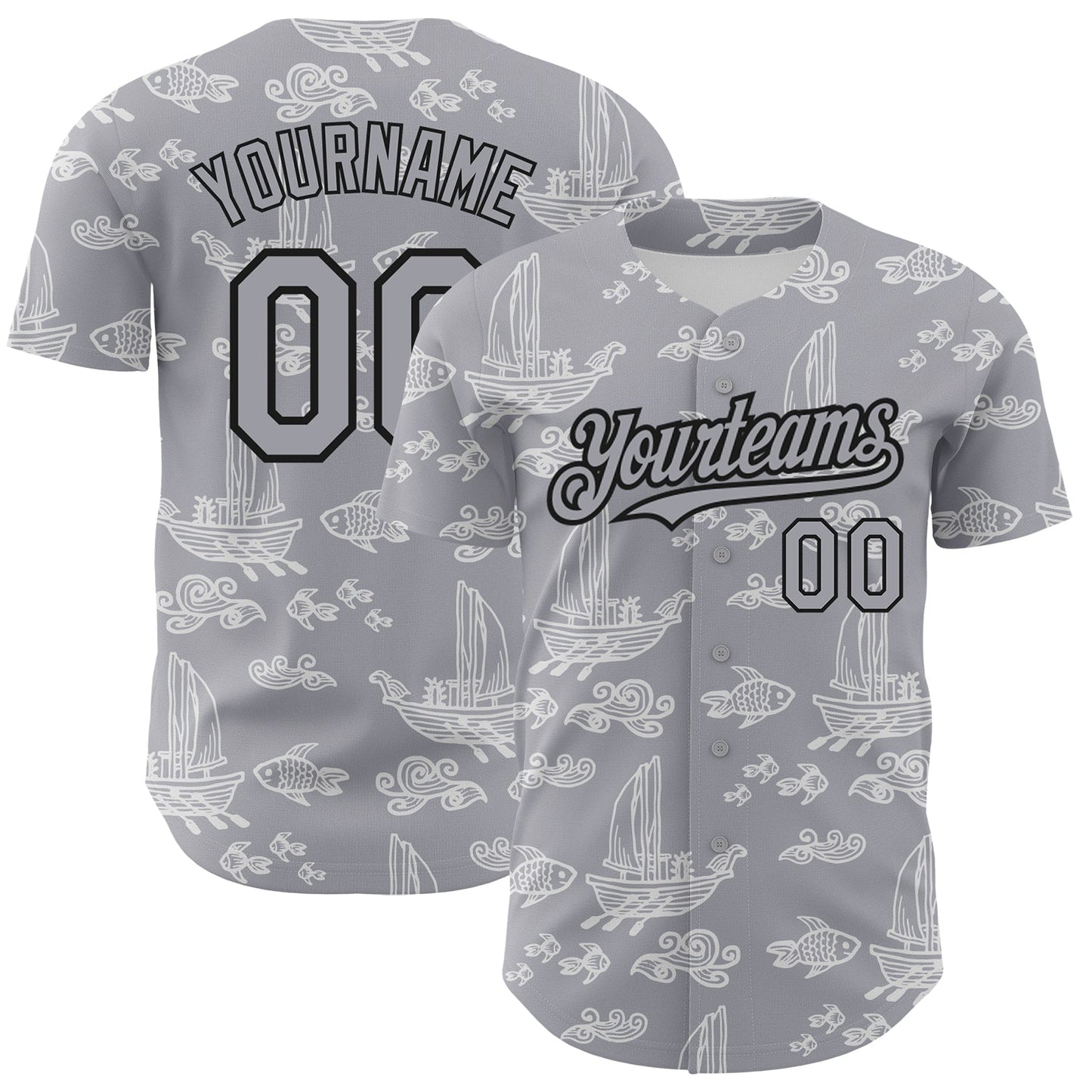 Custom Gray Black 3D Pattern Design Boats And Fish Authentic Baseball Jersey - Sky-Custom