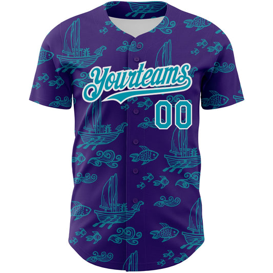 Custom Purple Teal-White 3D Pattern Design Boats And Fish Authentic Baseball Jersey - Sky-Custom