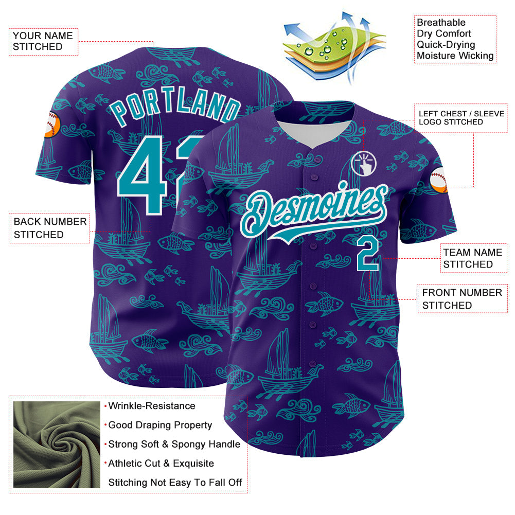 Custom Purple Teal-White 3D Pattern Design Boats And Fish Authentic Baseball Jersey - Sky-Custom