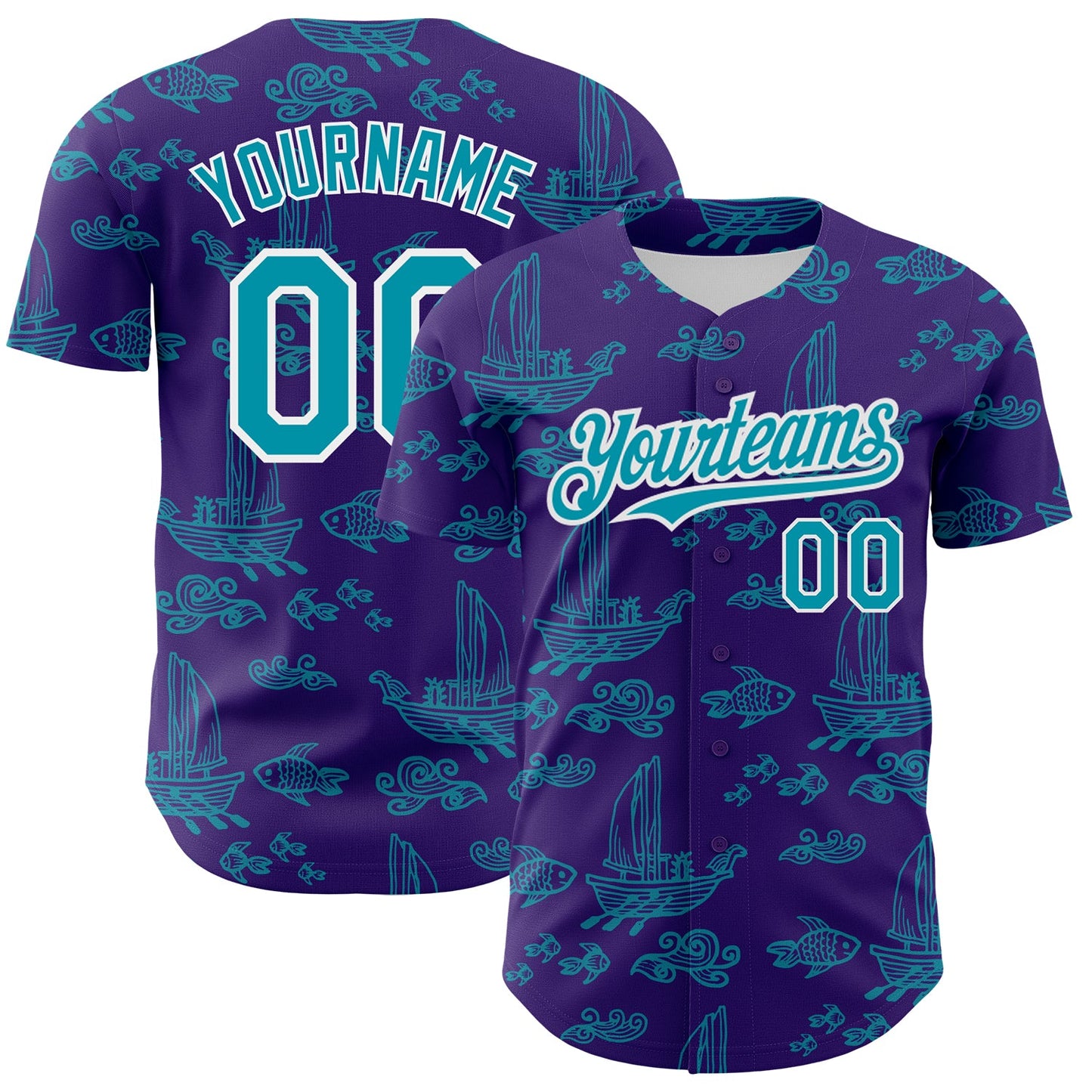 Custom Purple Teal-White 3D Pattern Design Boats And Fish Authentic Baseball Jersey - Sky-Custom