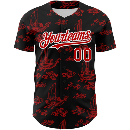 Custom Black Red-White 3D Pattern Design Boats And Fish Authentic Baseball Jersey - Sky-Custom