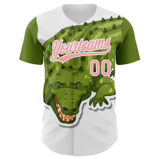 Custom White Medium Pink 3D Pattern Design Cartoon Crocodile Authentic Baseball Jersey - Sky-Custom
