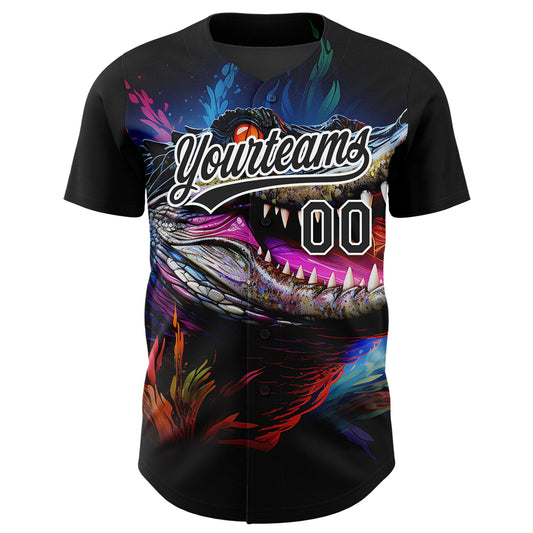 Custom Black White 3D Pattern Design Neon Crocodile Authentic Baseball Jersey - Sky-Custom