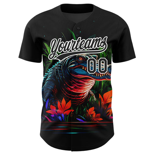 Custom Black White 3D Pattern Design Neon Crocodile Authentic Baseball Jersey - Sky-Custom