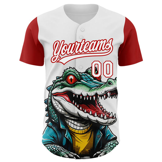 Custom White Red 3D Pattern Design Cartoon Crocodile Authentic Baseball Jersey - Sky-Custom