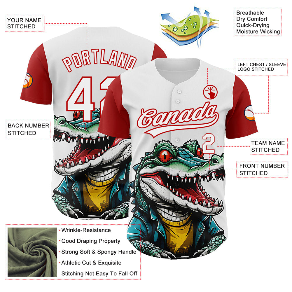 Custom White Red 3D Pattern Design Cartoon Crocodile Authentic Baseball Jersey - Sky-Custom