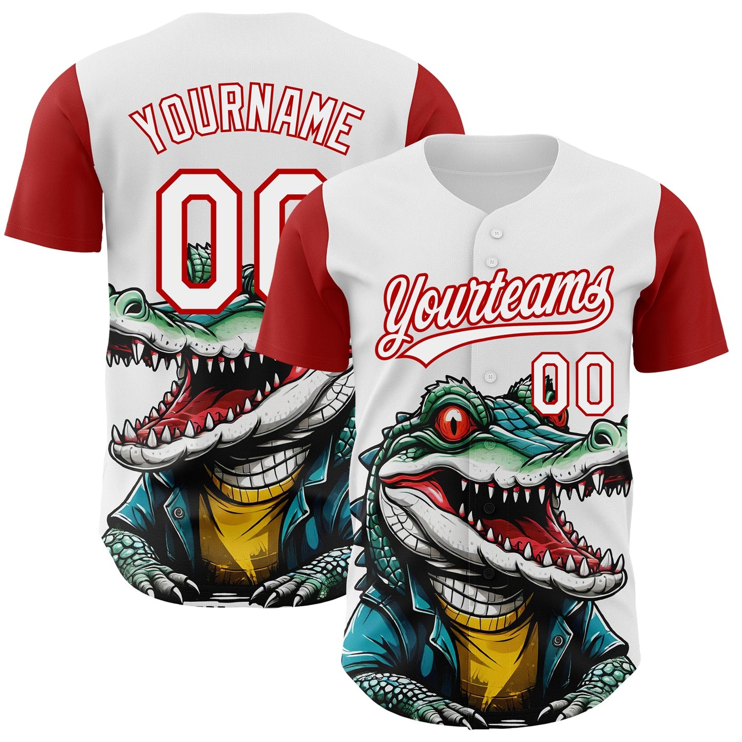Custom White Red 3D Pattern Design Cartoon Crocodile Authentic Baseball Jersey - Sky-Custom