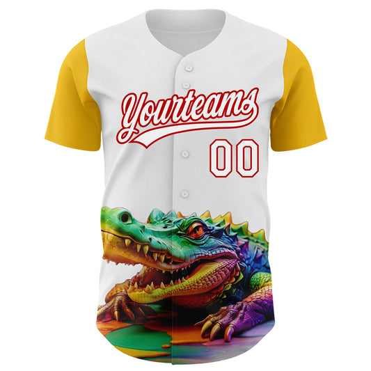 Custom White Red-Yellow 3D Pattern Design Colorful Crocodile Authentic Baseball Jersey - Sky-Custom