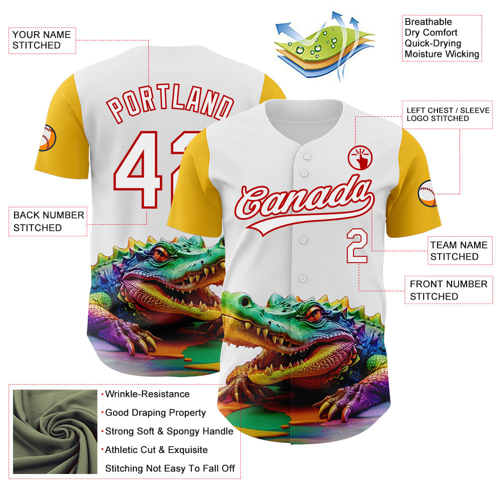 Custom White Red-Yellow 3D Pattern Design Colorful Crocodile Authentic Baseball Jersey - Sky-Custom