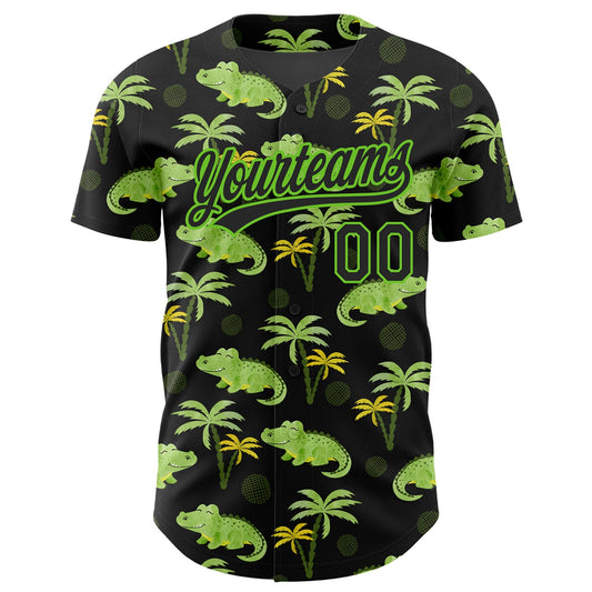 Custom Black Aurora Green 3D Pattern Design Crocodile And Tropical Hawaii Palm Trees Authentic Baseball Jersey - Sky-Custom
