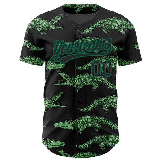 Custom Black Kelly Green 3D Pattern Design Crocodile Authentic Baseball Jersey - Sky-Custom