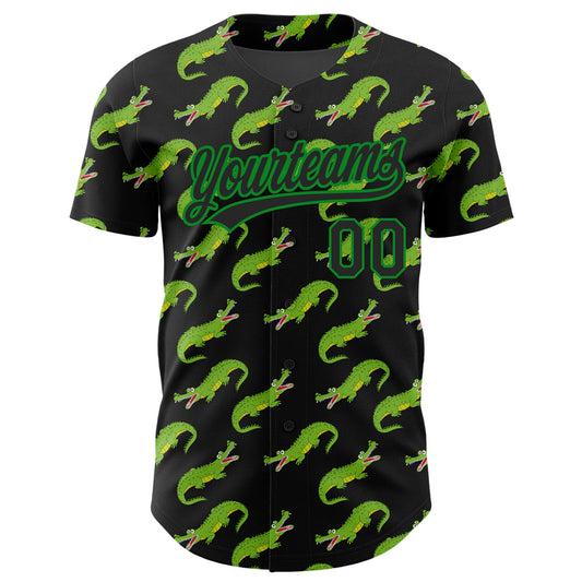 Custom Black Grass Green 3D Pattern Design Crocodile Authentic Baseball Jersey - Sky-Custom