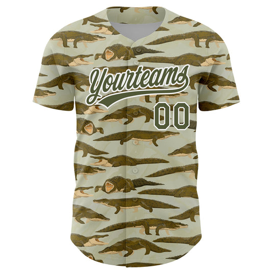 Custom Olive White 3D Pattern Design Crocodile And Plant Authentic Baseball Jersey - Sky-Custom