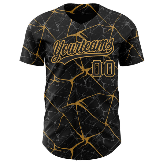 Custom Black Old Gold 3D Pattern Design Abstract Network Authentic Baseball Jersey - Sky-Custom