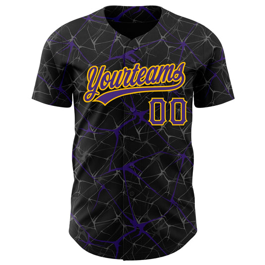 Custom Black Purple-Gold 3D Pattern Design Abstract Network Authentic Baseball Jersey - Sky-Custom