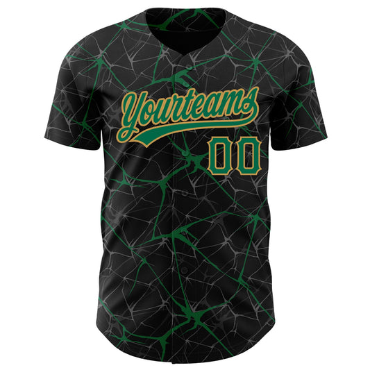 Custom Black Kelly Green-Old Gold 3D Pattern Design Abstract Network Authentic Baseball Jersey - Sky-Custom