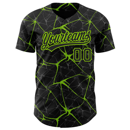Custom Black Neon Green 3D Pattern Design Abstract Network Authentic Baseball Jersey - Sky-Custom