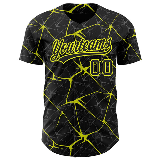 Custom Black Neon Yellow 3D Pattern Design Abstract Network Authentic Baseball Jersey - Sky-Custom