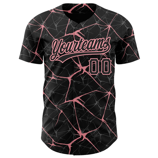 Custom Black Medium Pink 3D Pattern Design Abstract Network Authentic Baseball Jersey - Sky-Custom
