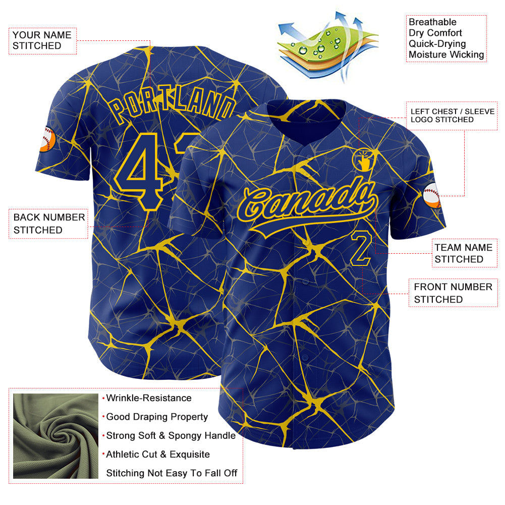 Custom Royal Yellow 3D Pattern Design Abstract Network Authentic Baseball Jersey - Sky-Custom