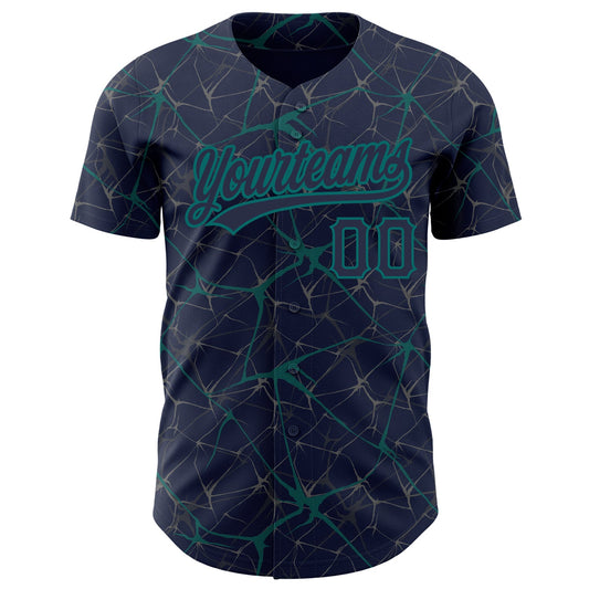 Custom Navy Teal 3D Pattern Design Abstract Network Authentic Baseball Jersey - Sky-Custom