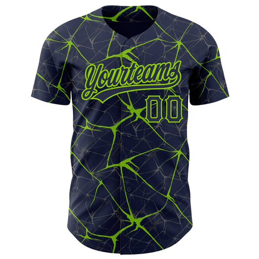 Custom Navy Neon Green 3D Pattern Design Abstract Network Authentic Baseball Jersey - Sky-Custom